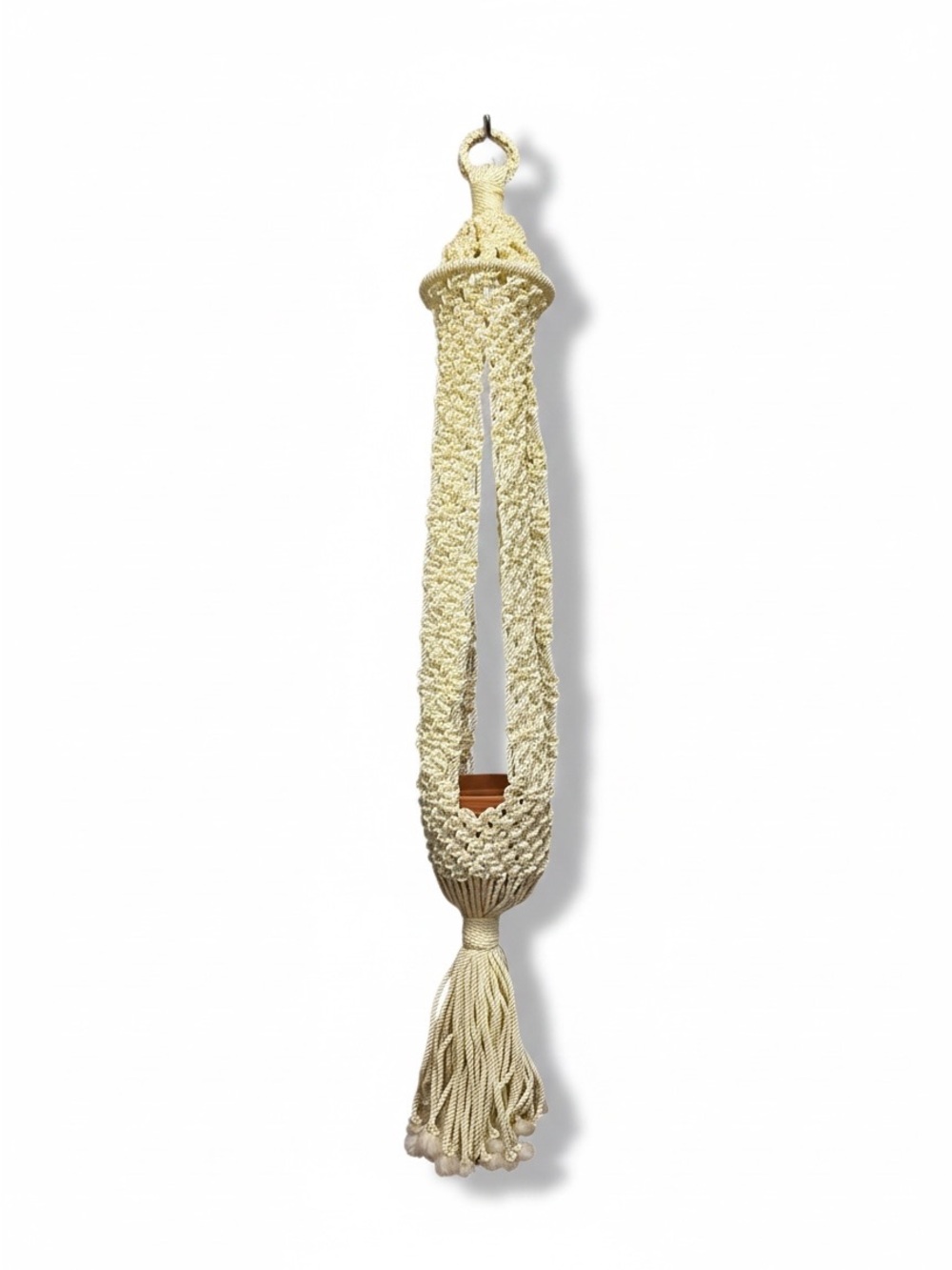 Vintage Boho Macrame Plant Hanger Cream Off-White Nylon Cord